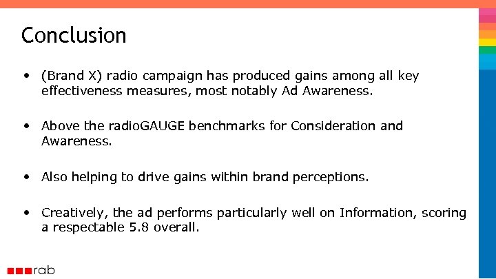 Conclusion • (Brand X) radio campaign has produced gains among all key effectiveness measures,