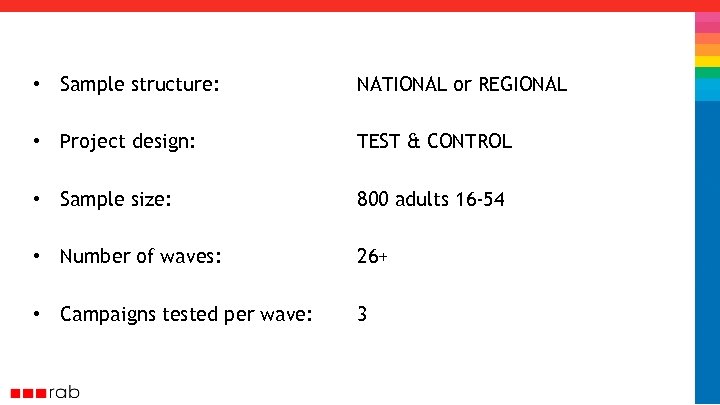  • Sample structure: NATIONAL or REGIONAL • Project design: TEST & CONTROL •