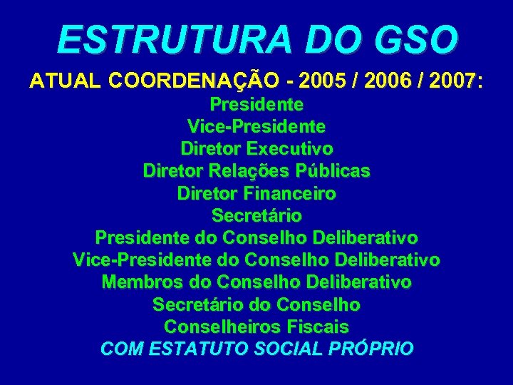 ESTRUTURA DO GSO ATUAL COORDENAÇÃO - 2005 / 2006 / 2007: Presidente Vice-Presidente Diretor