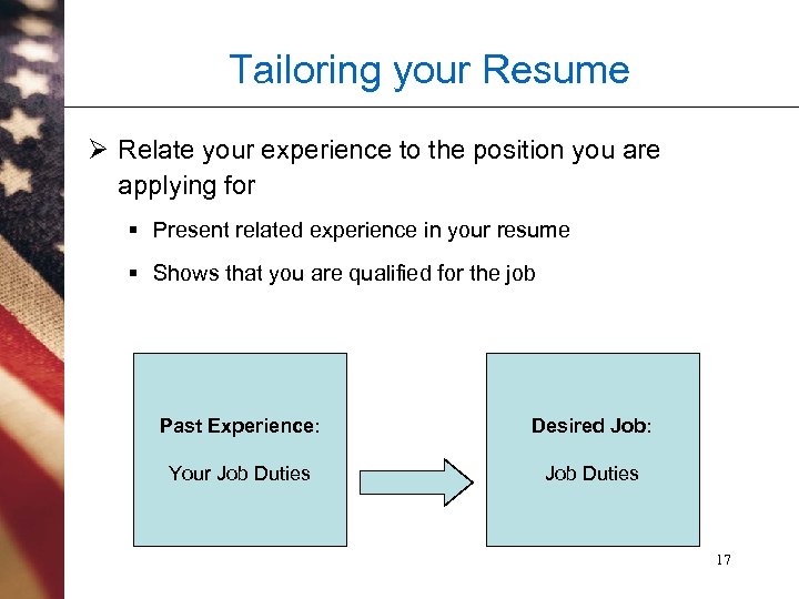 Tailoring your Resume Ø Relate your experience to the position you are applying for