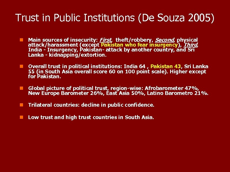 Trust in Public Institutions (De Souza 2005) n Main sources of insecurity: First, theft/robbery,