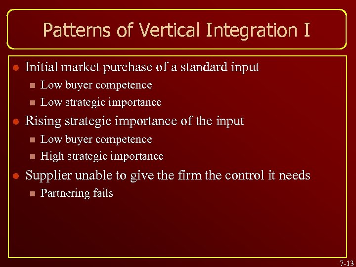 Patterns of Vertical Integration I l Initial market purchase of a standard input n