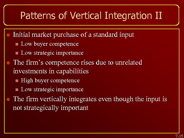 Patterns of Vertical Integration II l Initial market purchase of a standard input n