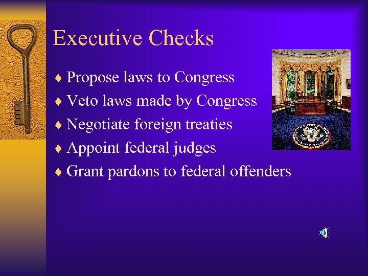 Executive Checks ¨ Propose laws to Congress ¨ Veto laws made by Congress ¨