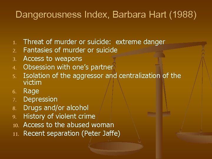 Dangerousness Index, Barbara Hart (1988) 1. 2. 3. 4. 5. 6. 7. 8. 9.