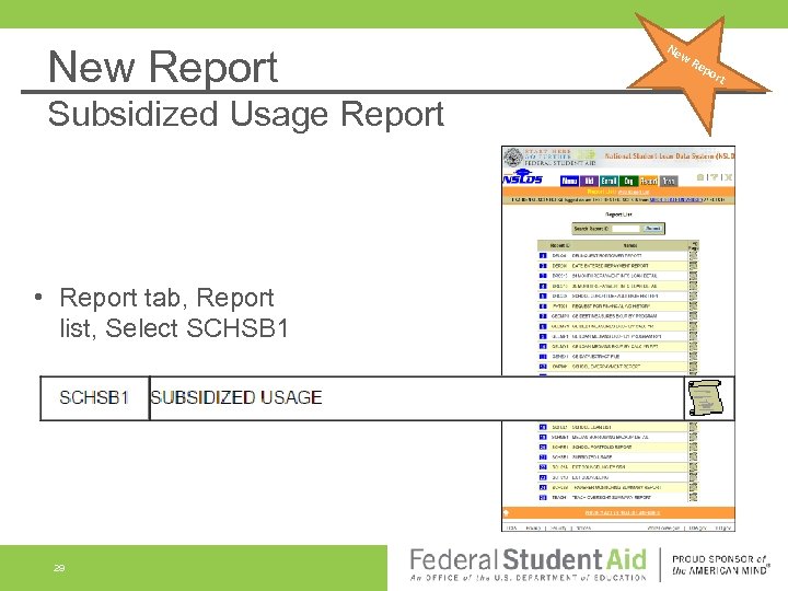 New Report Subsidized Usage Report • Report tab, Report list, Select SCHSB 1 29