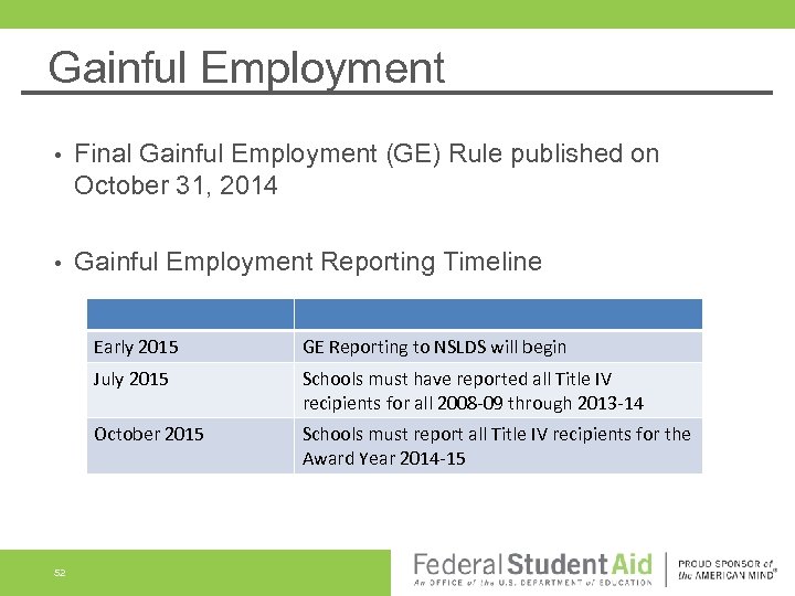 Gainful Employment • Final Gainful Employment (GE) Rule published on October 31, 2014 •