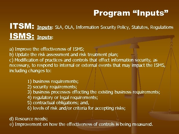 Program “Inputs” ITSM: ISMS: Inputs: SLA, OLA, Information Security Policy, Statutes, Regulations Inputs: a)