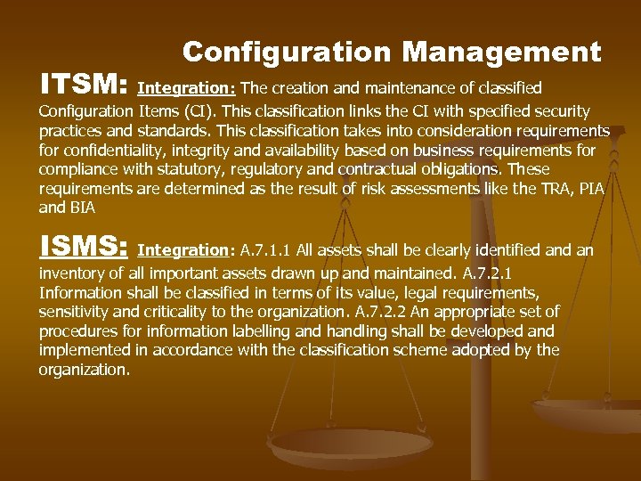 ITSM: Configuration Management Integration: The creation and maintenance of classified Configuration Items (CI). This