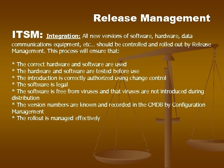 Release Management ITSM: Integration: All new versions of software, hardware, data communications equipment, etc…