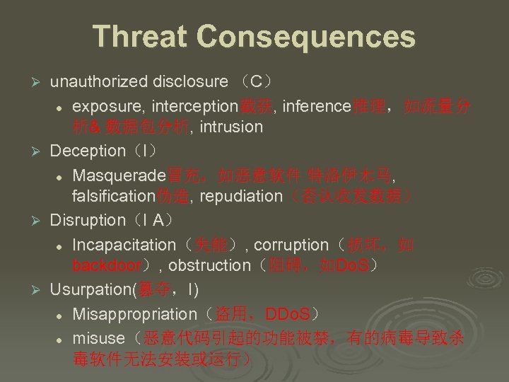 Threat Consequences unauthorized disclosure （C） l exposure, interception截获, inference推理，如流量分 析& 数据包分析, intrusion Ø Deception（I）