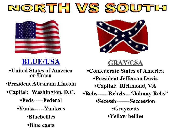BLUE/USA GRAY/CSA • United States of America or Union • President Abraham Lincoln •