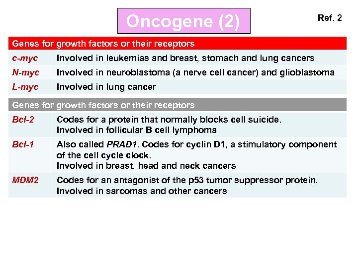 Oncogene (2) Ref. 2 Genes for growth factors or their receptors c-myc Involved in