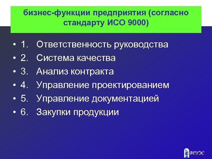 бизнес-функции предприятия (согласно стандарту ИСО 9000) • • • 1. 2. 3. 4. 5.