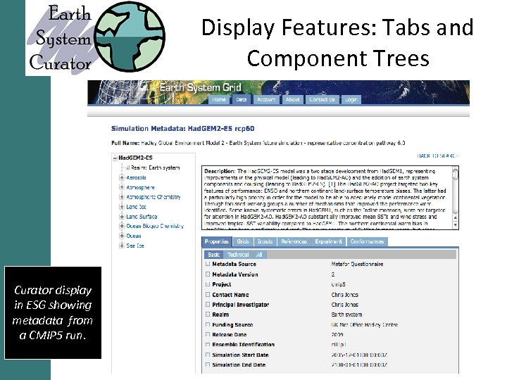Display Features: Tabs and Component Trees Curator display in ESG showing metadata from a