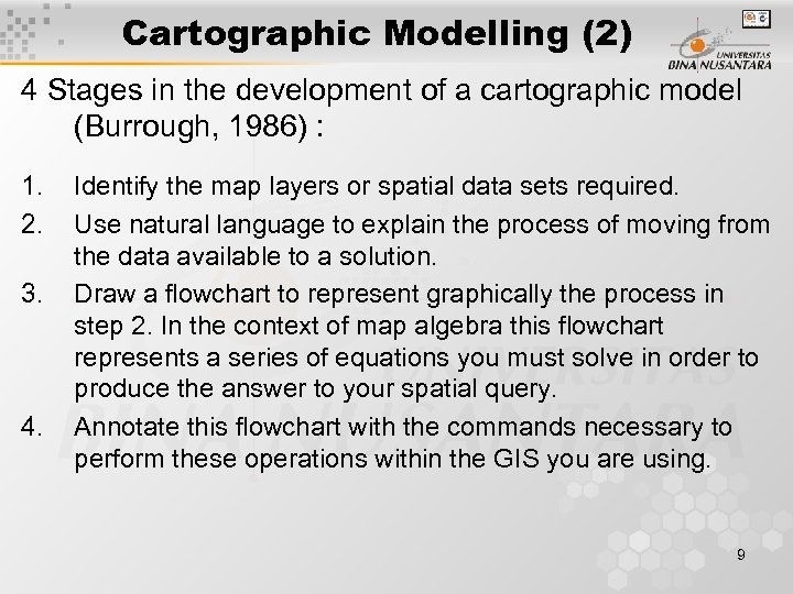 Cartographic Modelling (2) 4 Stages in the development of a cartographic model (Burrough, 1986)