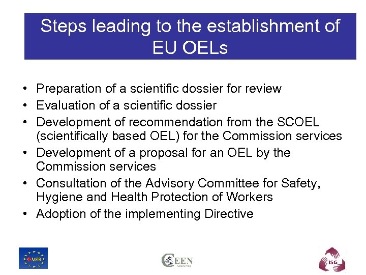 Steps leading to the establishment of EU OELs • Preparation of a scientific dossier