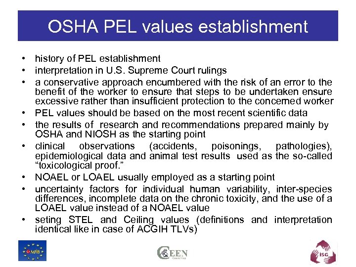 OSHA PEL values establishment • history of PEL establishment • interpretation in U. S.