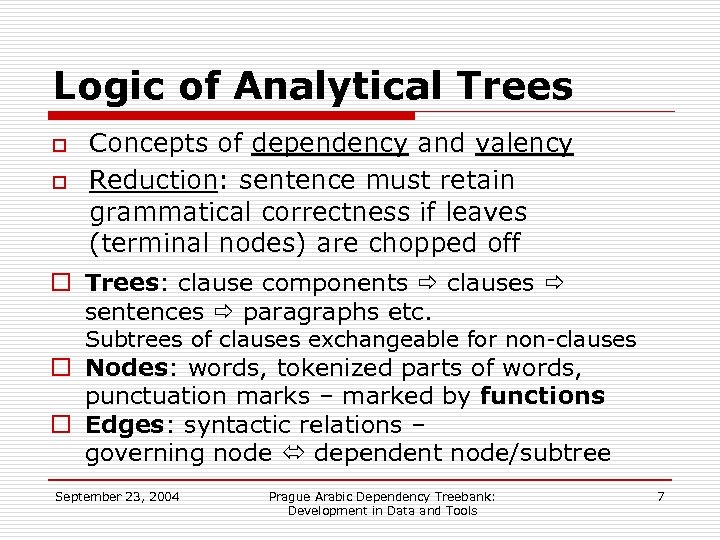 Logic of Analytical Trees o o Concepts of dependency and valency Reduction: sentence must