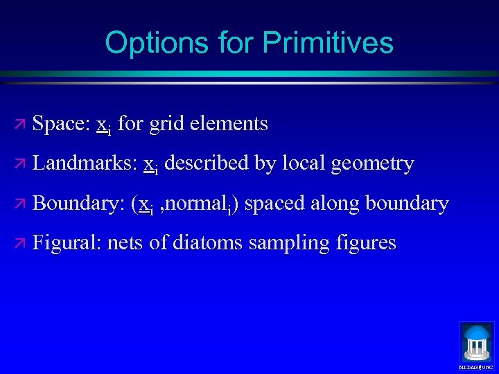 Options for Primitives ä Space: xi for grid elements ä Landmarks: xi described by