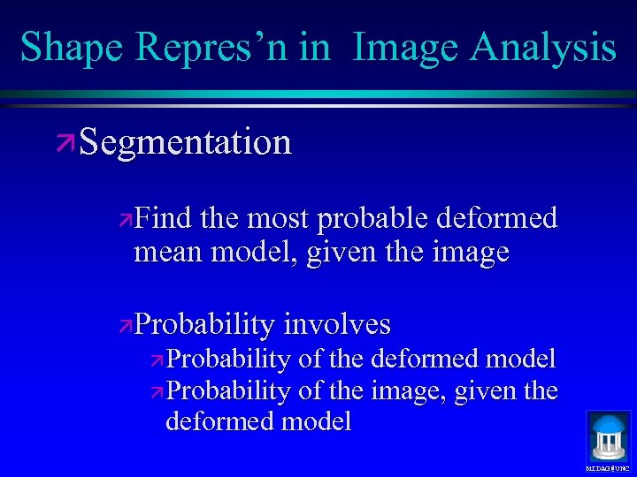 Shape Repres’n in Image Analysis ä Segmentation äFind the most probable deformed mean model,