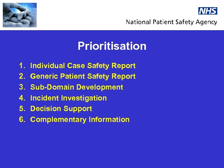 Prioritisation 1. 2. 3. 4. 5. 6. Individual Case Safety Report Generic Patient Safety