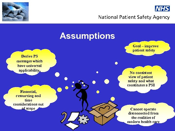 Assumptions Goal – improve patient safety Derive PS messages which have universal applicability. Financial,