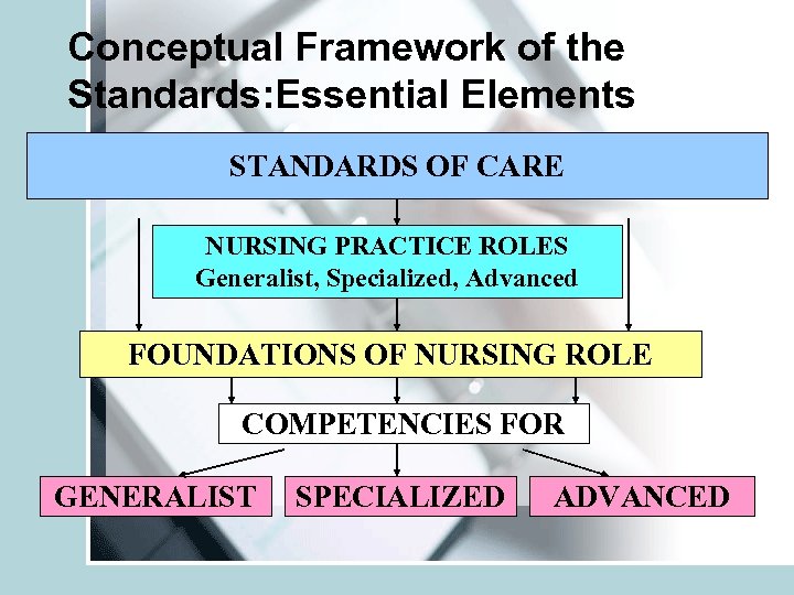 Conceptual Framework of the Standards: Essential Elements STANDARDS OF CARE NURSING PRACTICE ROLES Generalist,