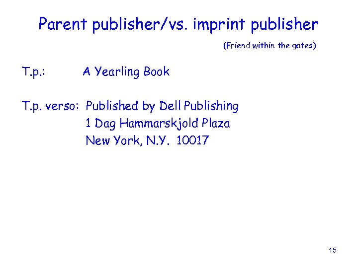 Parent publisher/vs. imprint publisher (Friend within the gates) T. p. : A Yearling Book