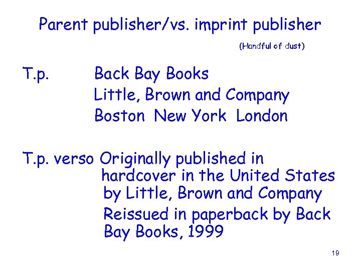 Parent publisher/vs. imprint publisher (Handful of dust) T. p. Back Bay Books Little, Brown