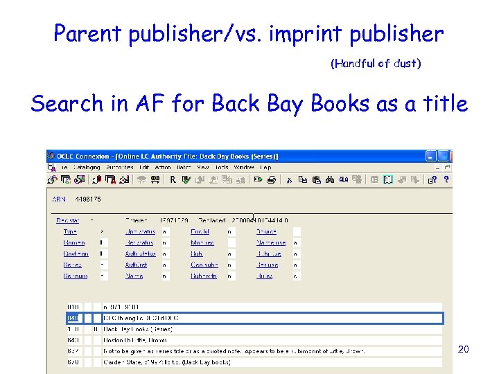 Parent publisher/vs. imprint publisher (Handful of dust) Search in AF for Back Bay Books