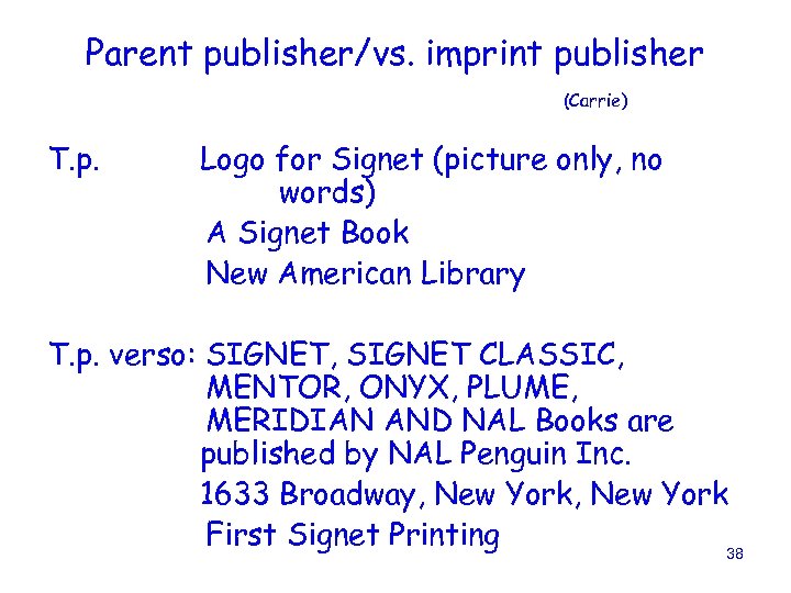 Parent publisher/vs. imprint publisher (Carrie) T. p. Logo for Signet (picture only, no words)