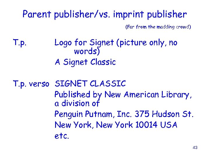 Parent publisher/vs. imprint publisher (Far from the madding crowd) T. p. Logo for Signet