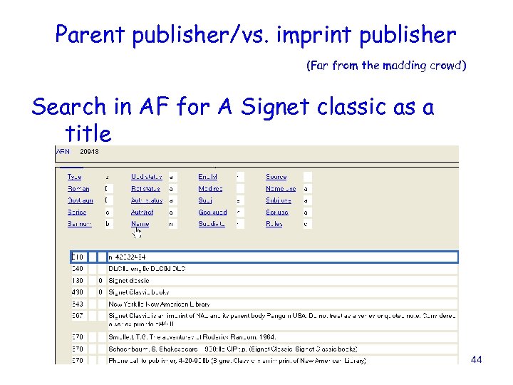 Parent publisher/vs. imprint publisher (Far from the madding crowd) Search in AF for A