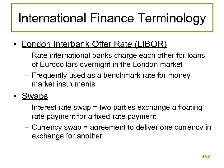 International Finance Terminology • London Interbank Offer Rate (LIBOR) – Rate international banks charge