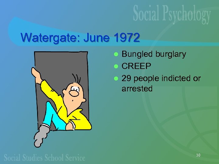 Watergate: June 1972 Bungled burglary l CREEP l 29 people indicted or arrested l