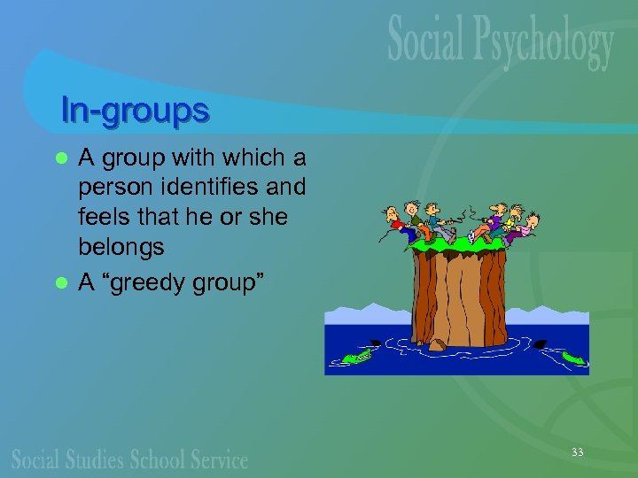 In-groups A group with which a person identifies and feels that he or she