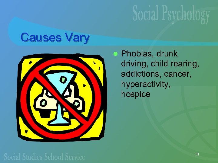 Causes Vary l Phobias, drunk driving, child rearing, addictions, cancer, hyperactivity, hospice 51 
