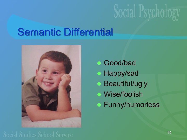 Semantic Differential l l Good/bad Happy/sad Beautiful/ugly Wise/foolish Funny/humorless 70 