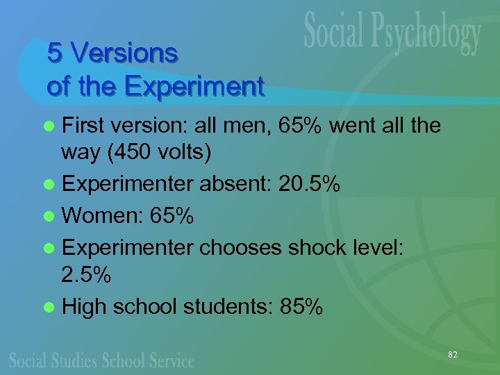 5 Versions of the Experiment l First version: all men, 65% went all the