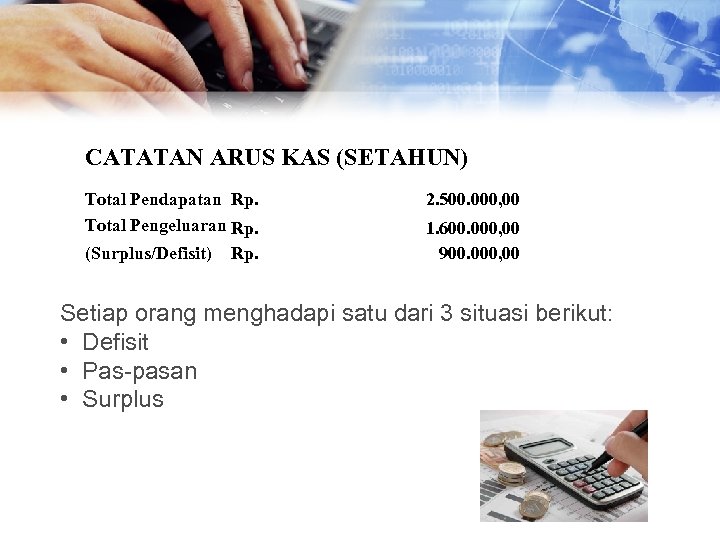 CATATAN ARUS KAS (SETAHUN) Total Pendapatan Rp. Total Pengeluaran Rp. (Surplus/Defisit) Rp. 2. 500.