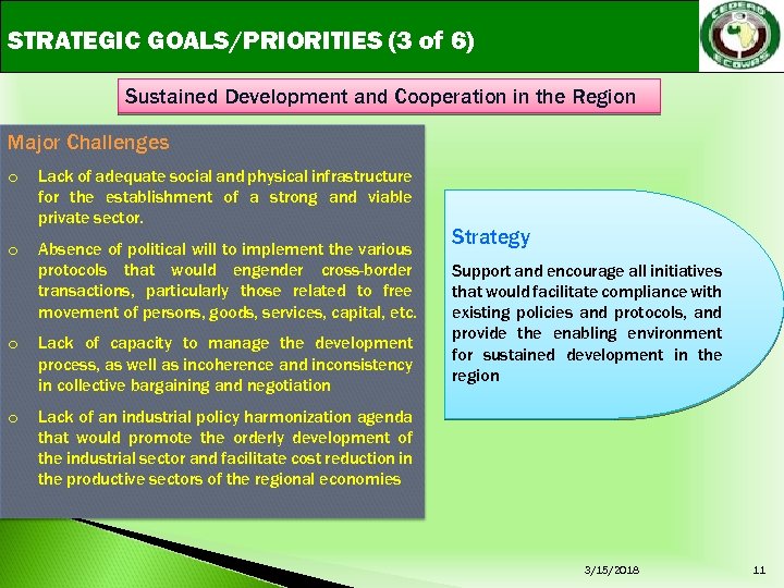 STRATEGIC GOALS/PRIORITIES (3 of 6) Sustained Development and Cooperation in the Region Major Challenges