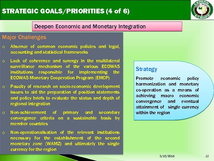 STRATEGIC GOALS/PRIORITIES (4 of 6) Deepen Economic and Monetary Integration Major Challenges o Absence