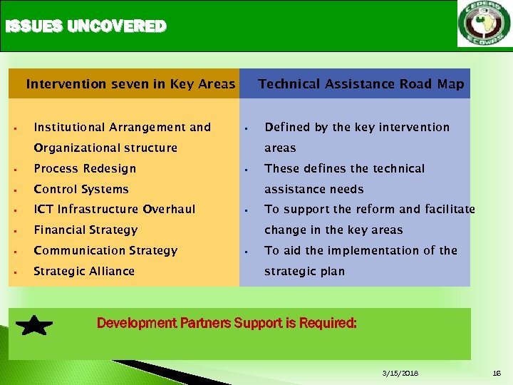 ISSUES UNCOVERED Intervention seven in Key Areas • Institutional Arrangement and Technical Assistance Road