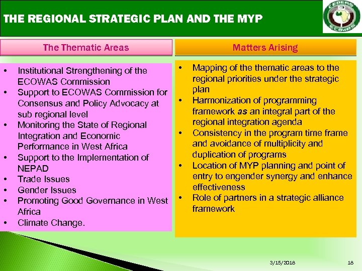 THE REGIONAL STRATEGIC PLAN AND THE MYP Thematic Areas • • Institutional Strengthening of