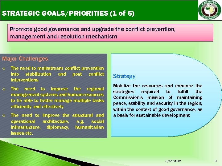 STRATEGIC GOALS/PRIORITIES (1 of 6) Promote good governance and upgrade the conflict prevention, management