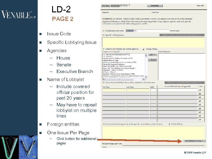 LD-2 PAGE 2 Issue Code Specific Lobbying Issue Agencies – House – Senate –