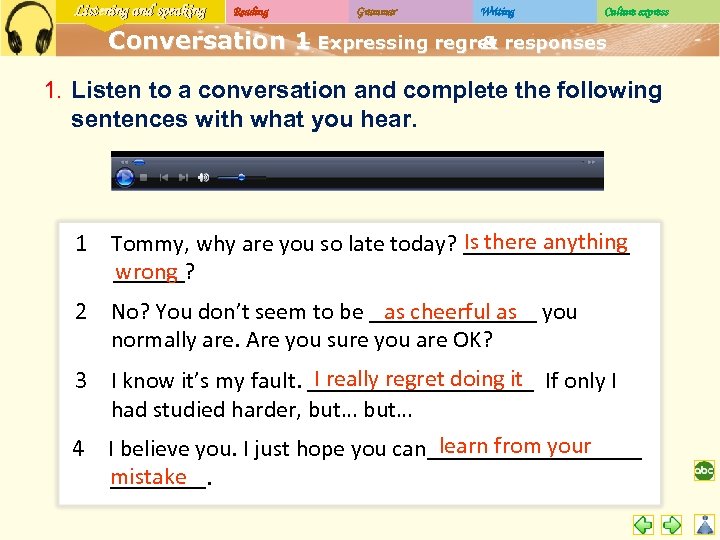 Listening and speaking Reading Grammar Writing Culture express Conversation 1 Expressing regret responses –