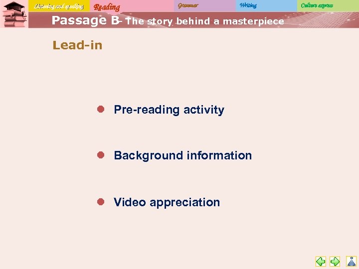 Listening and speaking Reading Grammar Writing Passage B The story behind a masterpiece –
