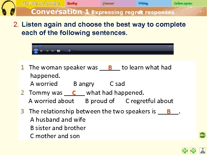 Listening and speaking Reading Grammar Writing Culture express Conversation 1 Expressing regret responses –